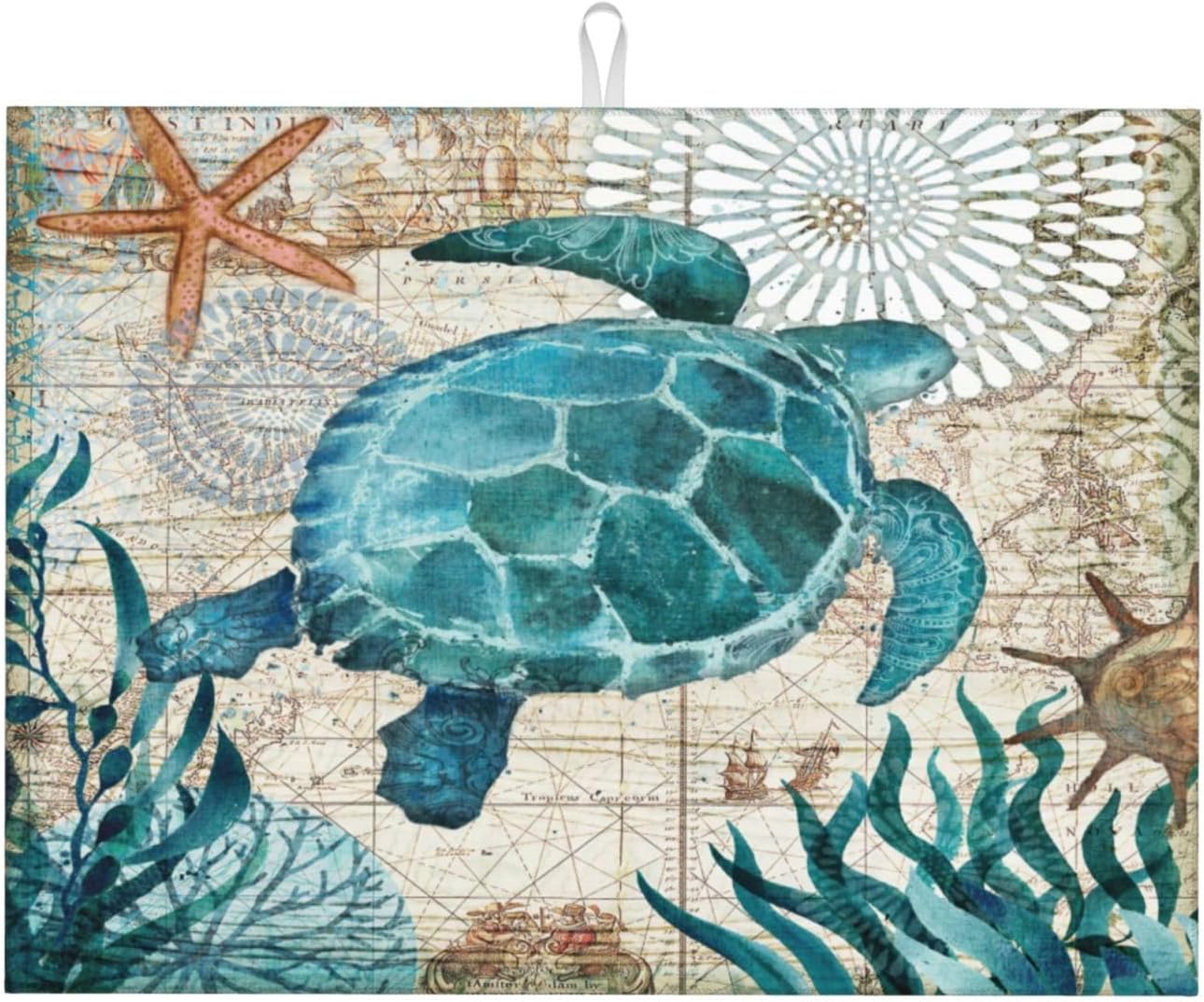 Ocean Sea Turtle Dish Drying Mat for Kitchen Counter 18x24 in, Retro Map Microfiber Drying Mats Absorbent Reversible Dish Pad Large Dish Draining Mat Fast Dry Kitchen Accessories