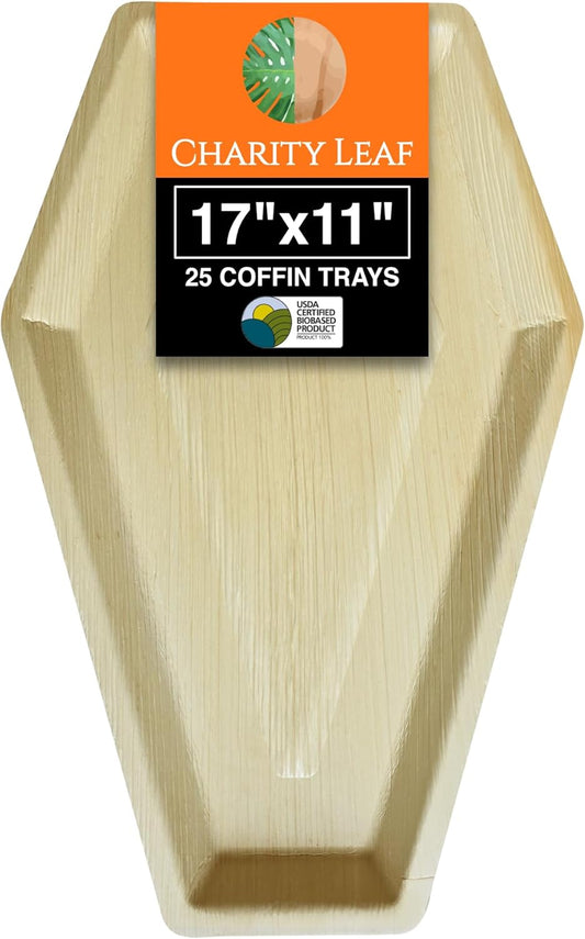 Charity Leaf Disposable Palm Leaf 17"x11" Coffin Trays (25 Pieces) Bamboo Like Serving Platters, Disposable Boards, Eco-Friendly Dinnerware for Christmas, Weddings, Catering, Events