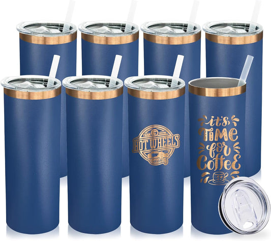 20 oz Skinny Tumblers Bulk 8 Pack, Stainless Steel Insulated Tumbler with Lids and Straws, Slim Double Wall Powder Coated Travel Coffee Mugs Reusable Cup for Hot Cold Drinks (Navy,8 pack)