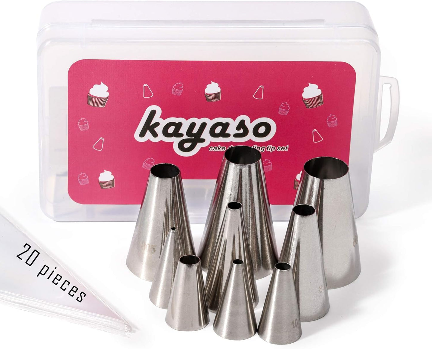 Round Piping Tip Set – 9 Stainless Steel Pastry Tips in Graduated Sizes with 20 Disposable Decorating Bags for Cupcakes, Cakes, Cookies, and Frosting Design