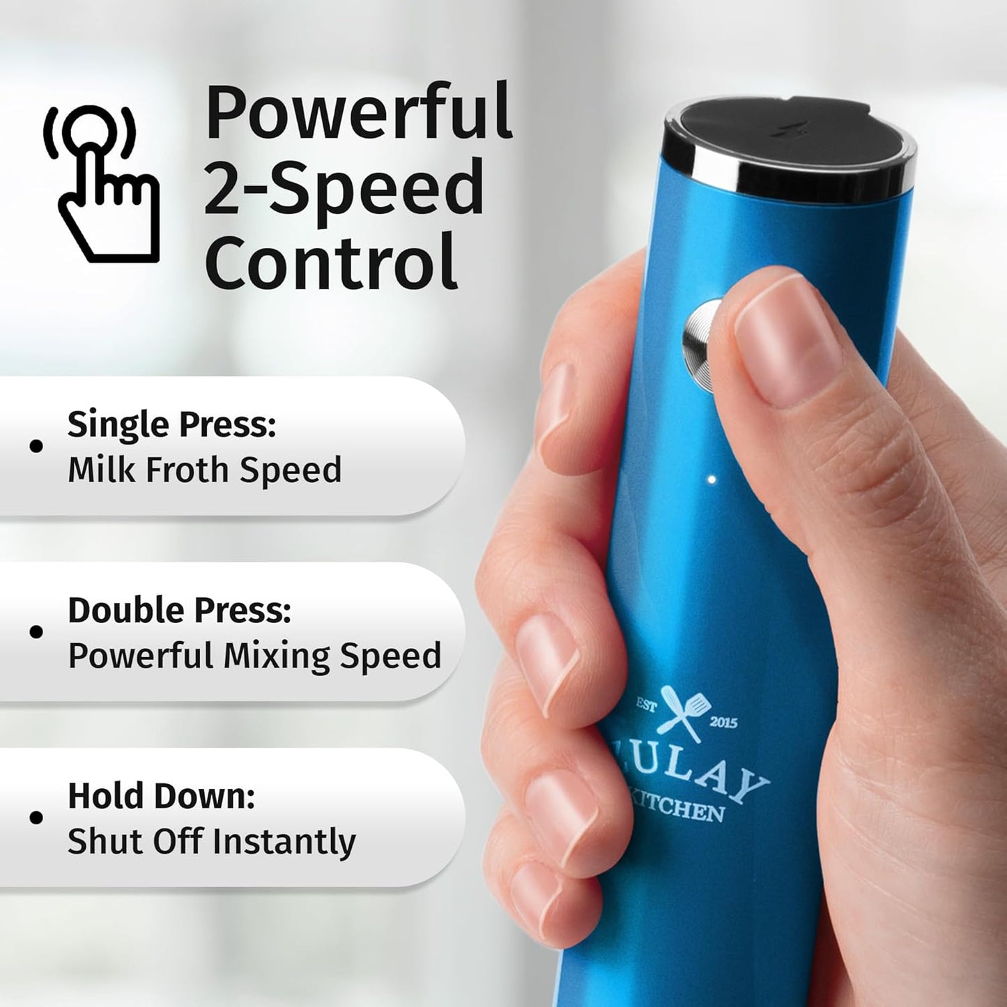Zulay Kitchen Lux Rechargeable Milk Frother Handheld - Powerful 2-Speed Motor, Fully Waterproof, 2000mAh Battery - Drink Mixer For Latte, Cappuccino, Matcha, Protein Powder - Metallic Blue