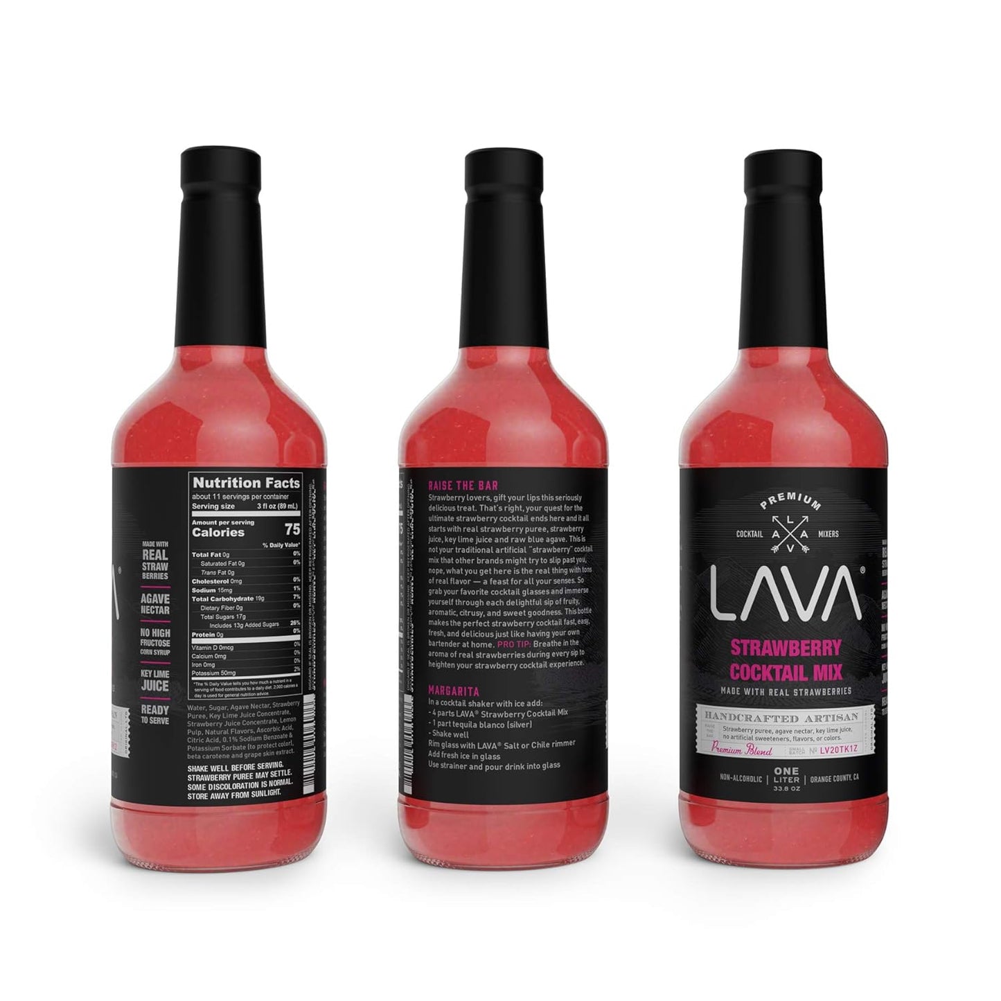 LAVA Premium Strawberry Margarita Mix Strawberry Daiquiri Mix, Made with Real Strawberries, Agave, Key Lime, No Artificial Sweeteners, Lots of Flavor, Ready to Use, 1-Liter (33.8oz) Glass Bottle