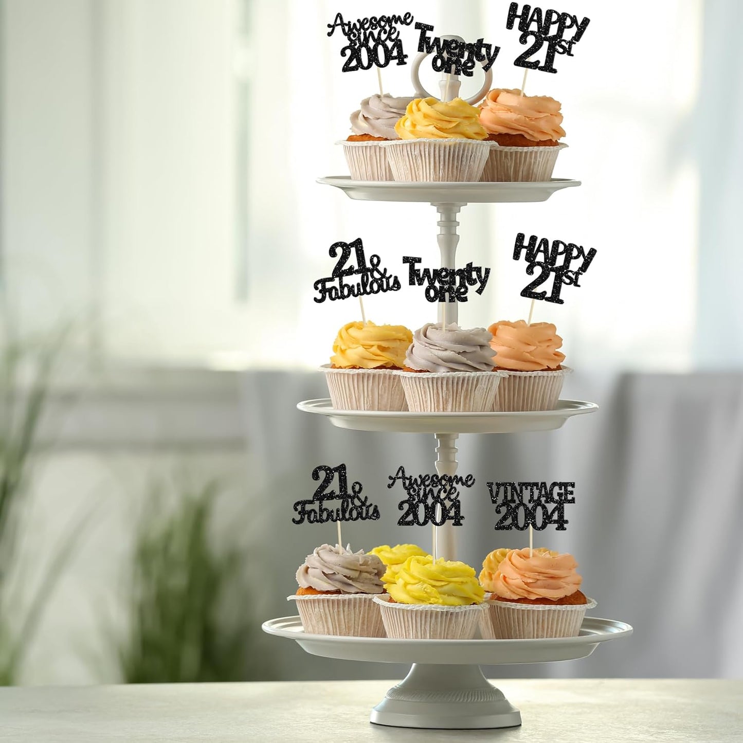 Gyufise 30pcs Vintage 2004 Cupcake Toppers Glitter Twenty-One Happy 21st Cupcake Picks Fabulous Anniversary Party Supplies Black