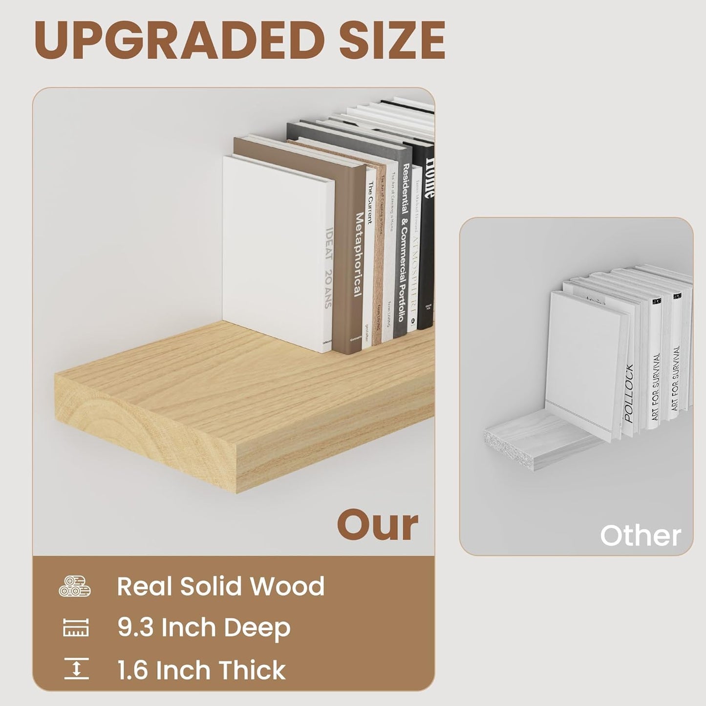 Fun Memories Deep Floating Shelves, Solid Wood Floating Shelves Wall Mounted, 9.3" Deep Wall Shelf for Living Room, Bedroom, 36 x 9 Large Floating Shelf for Books, Burlywood, Set of 2