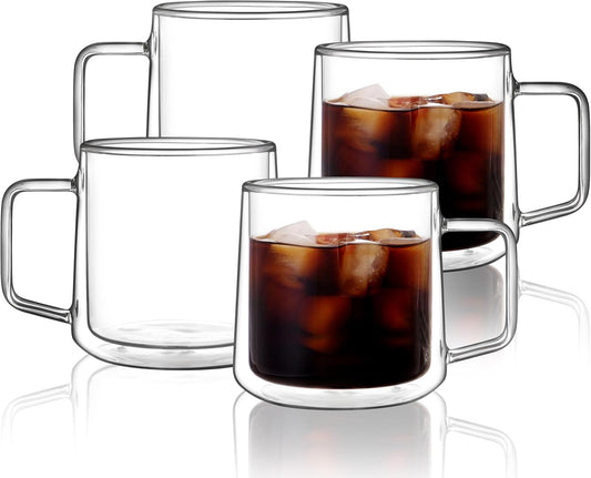 CNGLASS 15oz(4-pack) Double Walled Glass Coffee Mugs,Large Insulated Glass Mugs with Handle,Clear Coffee Cups for Espresso,Latte,Cappuccino,Tea
