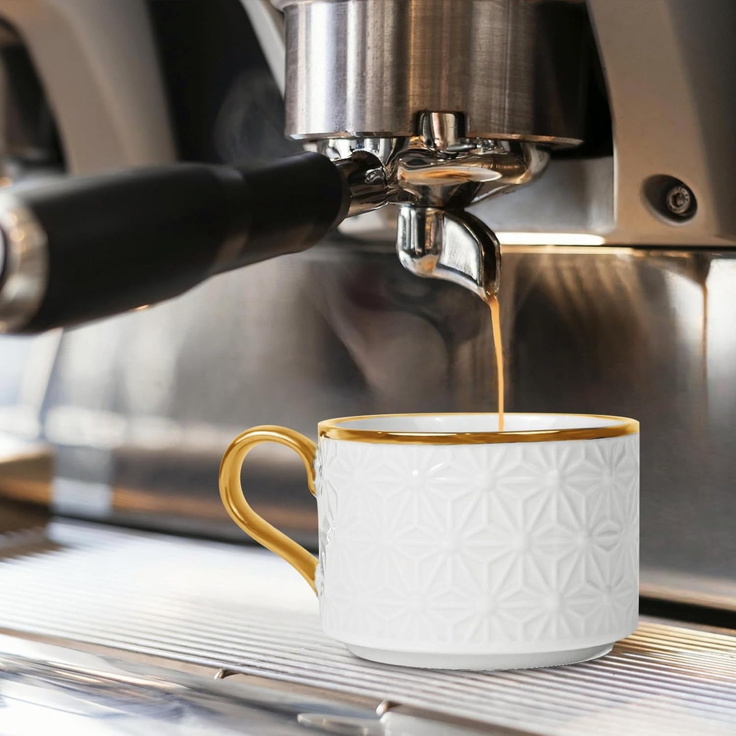 Espresso Cups and Saucers Set of 6, 7 OZ Porcelain Cappuccino Cups with Saucers, Stackable Coffee Mugs for Demitasse, Latte, Cafe, Mocha, Tea, Mother's Day Gift Thanksgiving Christmas Gift Present