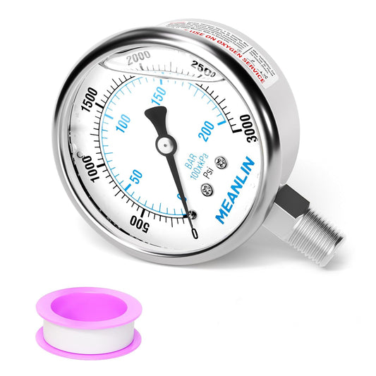 MEANLIN MEASURE 0~3000Psi Liquid Filled Pressure Gauge Stainless Steel with 316 Stainless Steel Joint 1/4" NPT 2.5" FACE DIAL for WOG Water Oil Air Lower Mount
