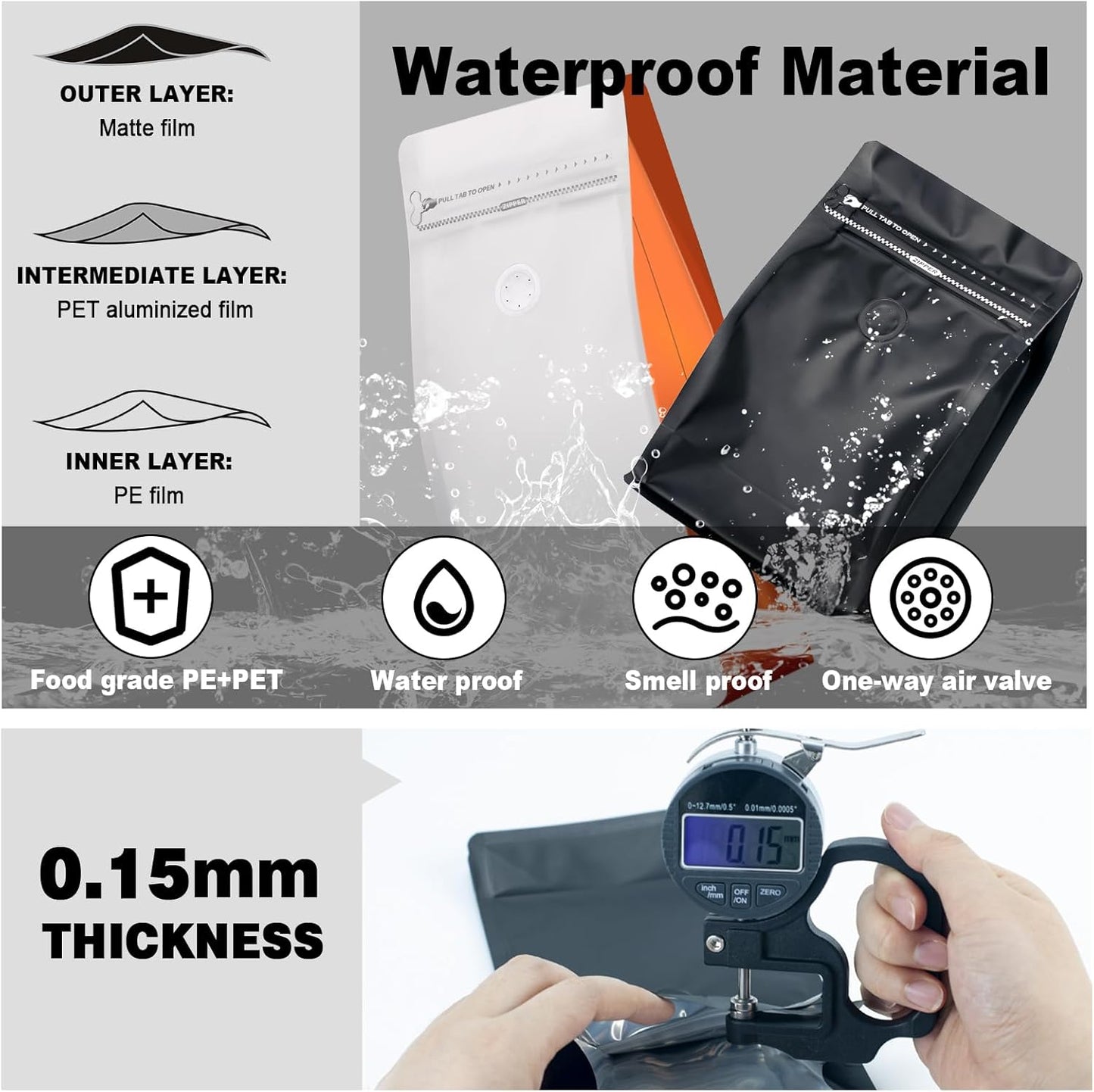 Coffee Bags with Valve(60pcs,16 oz,1 lb) Vented Coffee Beans Packaging Bags High Barrier Aluminumed Foil Flat Bottom Heat Sealed Side Zipper Resealable Storage Bag for Home or Business（White+Orange）