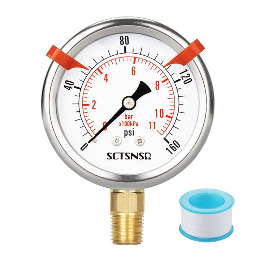 0 to 160 Psi Pressure Gauge, Glycerin Liquid Filled, 2.5 inch Dial, 1/4" NPT Lower Mount, Stainless Steel Case, for Air Compressor, Well Pump, Water, RV, CO2, Pipe, Gas, Pressure Test