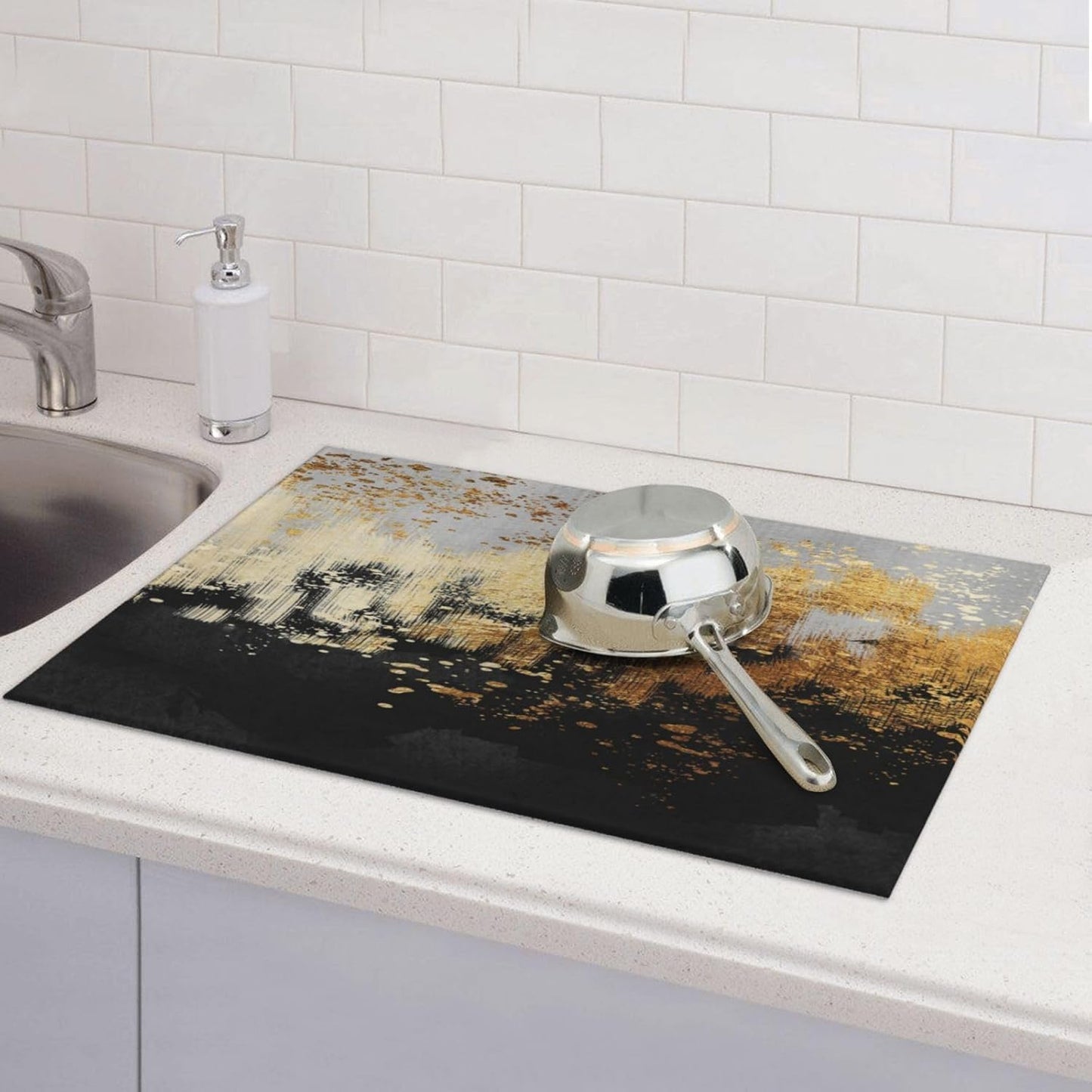 Black Gold Art Splash Dish Drying Mat for Kitchen Counter, Absorbent Microfiber Abstract Modern Drying Pad, Luxury Decorative Foldable Kitchen Mat for Sink & Coffee Bar, Black Home Decor, 18 x 24 inch