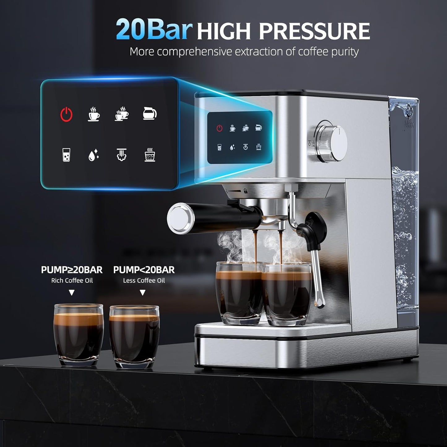 Espresso Machine with Milk Frother, 20 Bar Compact Coffee Machine with Touch Screen & 57.5oz Removable Water Tank for Home, Stainless Steel Espresso Maker for Cappuccino, Latte(2025 updated model)
