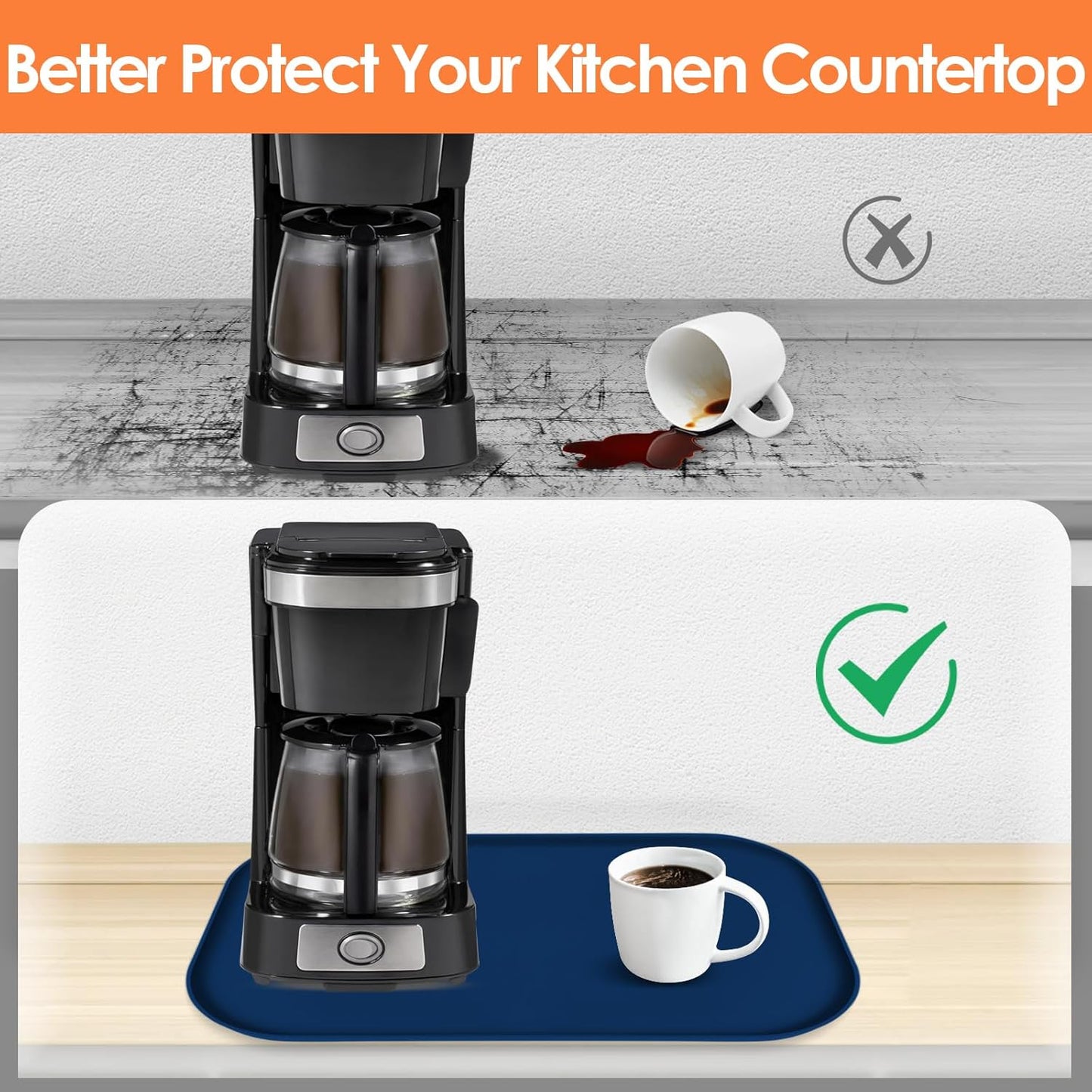 Silicone Coffee Maker Mat with Lip, 17.4'' x 10.6'' Heavy Duty Coffee Maker Mat for Countertops, Coffee Tray Fit Under Coffee Machine Appliance Automatic Machines Espresso Accessory, Navy Blue