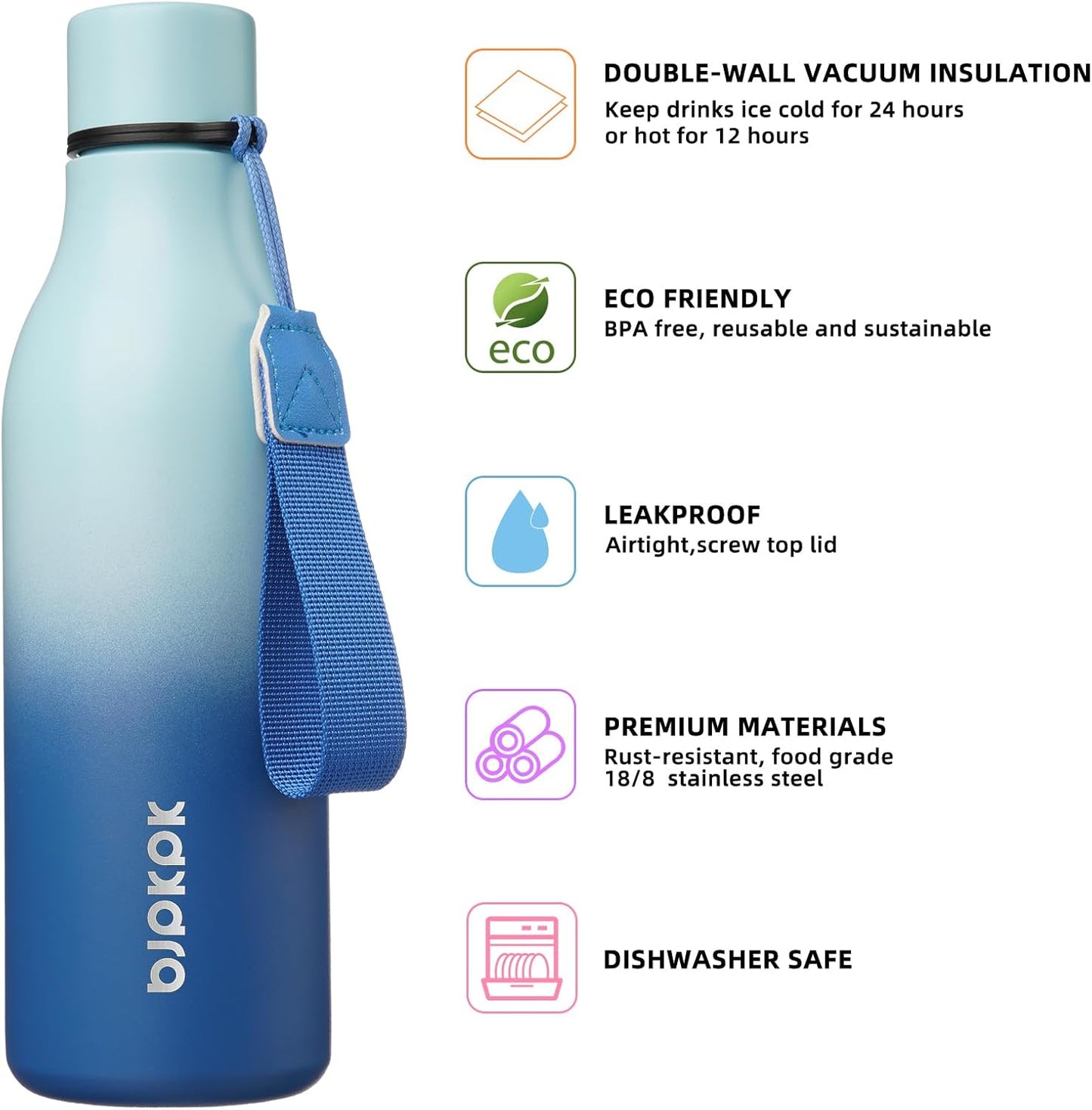 BJPKPK Insulated Water Bottles, 18 oz Stainless Steel Metal Water Bottle with Strap, BPA Free Leak Proof Thermos, Mugs, Flasks, Reusable Water Bottle for Sports & Travel, Sky
