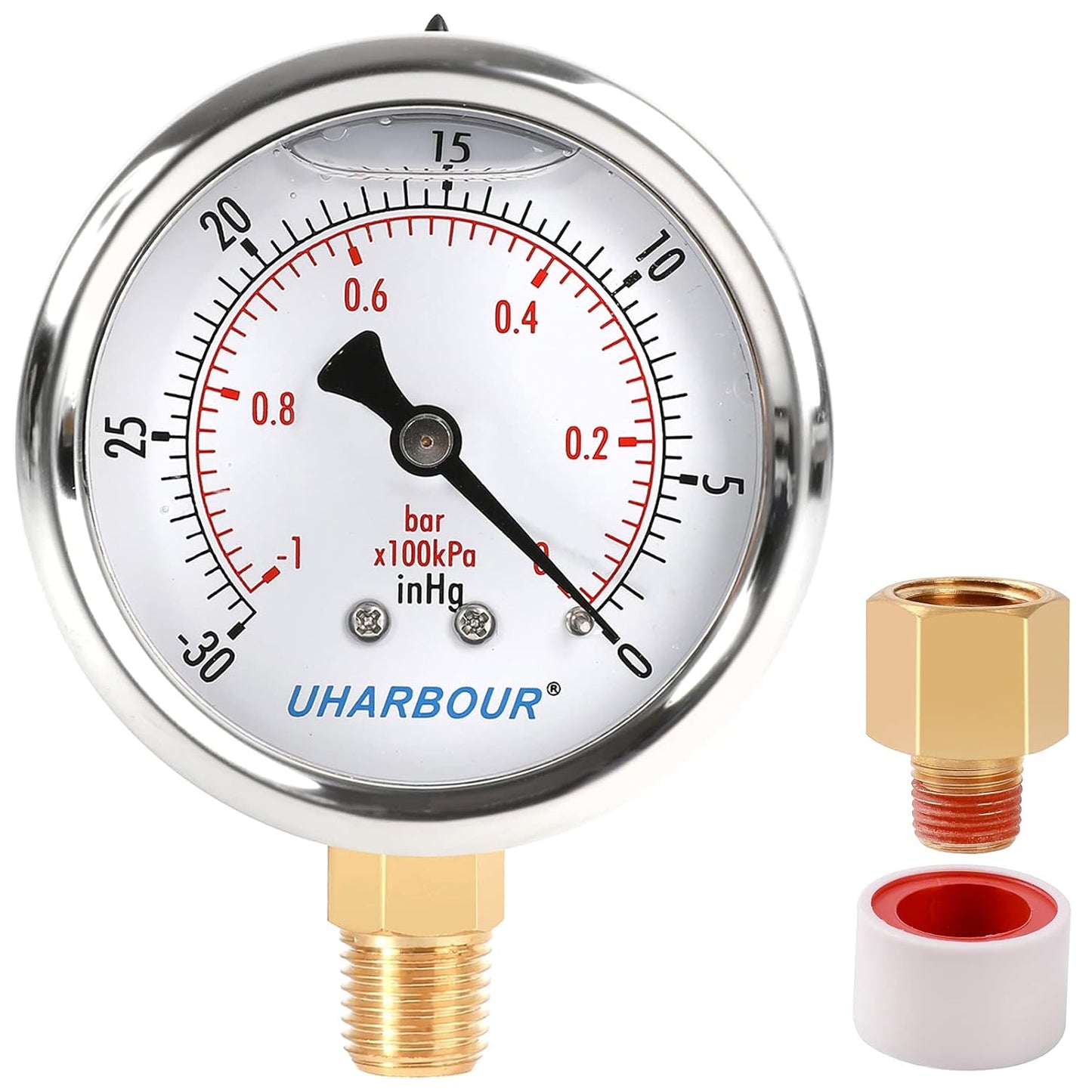 Glycerin Filled Vacuum Pressure Gauge, 2-1/2" Clear dial,1/4" NPT Bottom Connection, Stainless Steel Case, Brass Movement, Dual Scales -30inHg/-1BAR-0