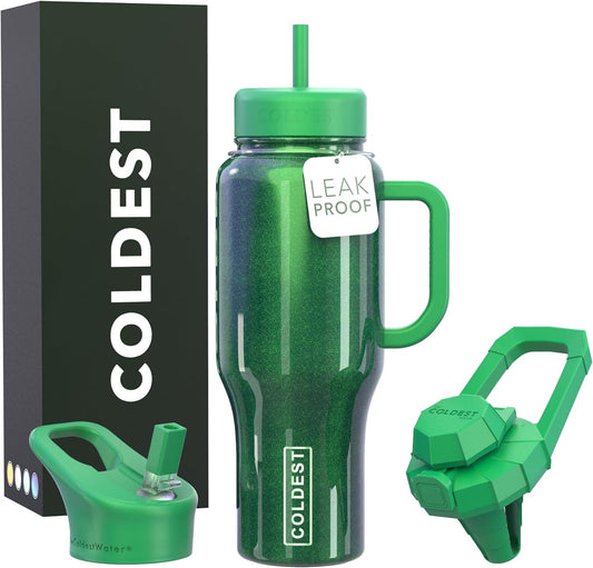 Coldest 40 oz Tumbler with Handle and Straw, 100% Leak Proof Insulated Tumbler with Lid and Straw (3 Lids), Stainless Steel Tumblers for Women & Men, Cup Holder Friendly, 36 oz (Enchanted Green)