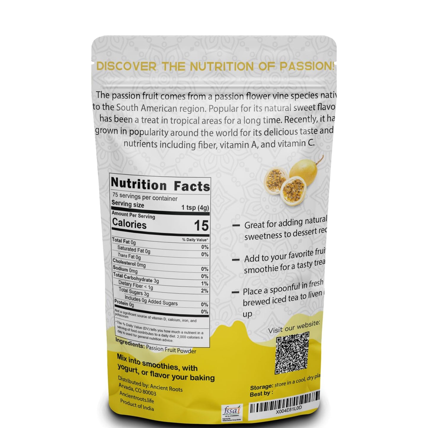 Ancient Roots Passion Fruit Powder- All-Natural Food Coloring, Filled with Antioxidants, Vitamin C, and Fiber, 75 Servings (10.5 ounces)