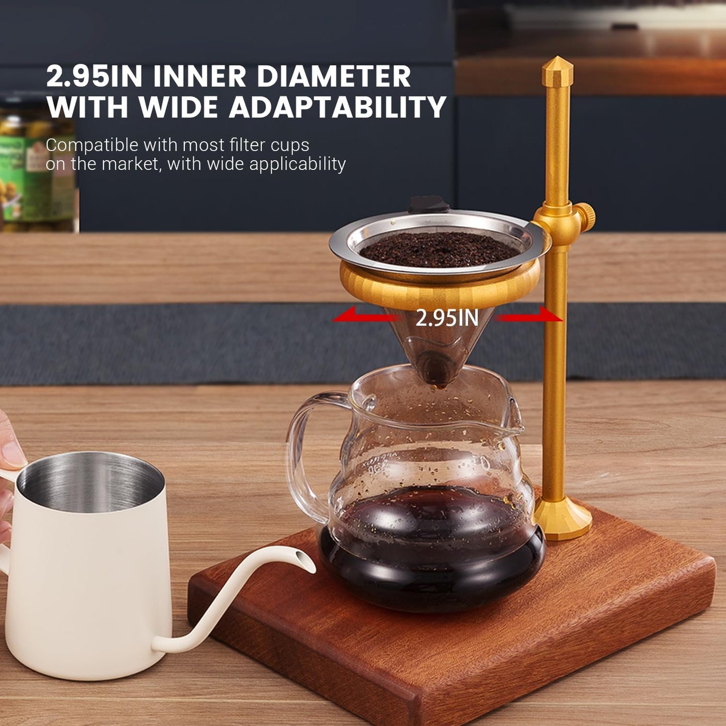 Pour Over Coffee Stand, Height Adjustable Pour over Coffee Maker with Sapele Wooden Base, Paper Filters, Bronze