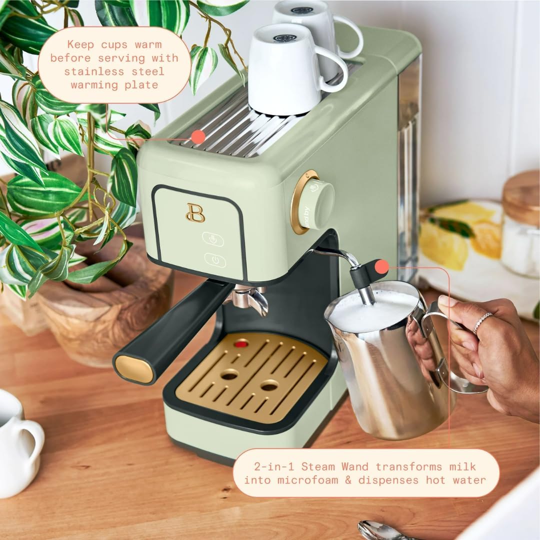 Beautiful Slim Espresso Maker by Drew Barrymore – 20‑Bar Pressure, Dual‑Spout 52 mm Portafilter, 50 oz Removable Tank, 2‑in‑1 Steam Wand & Touch Controls (Sage Green)