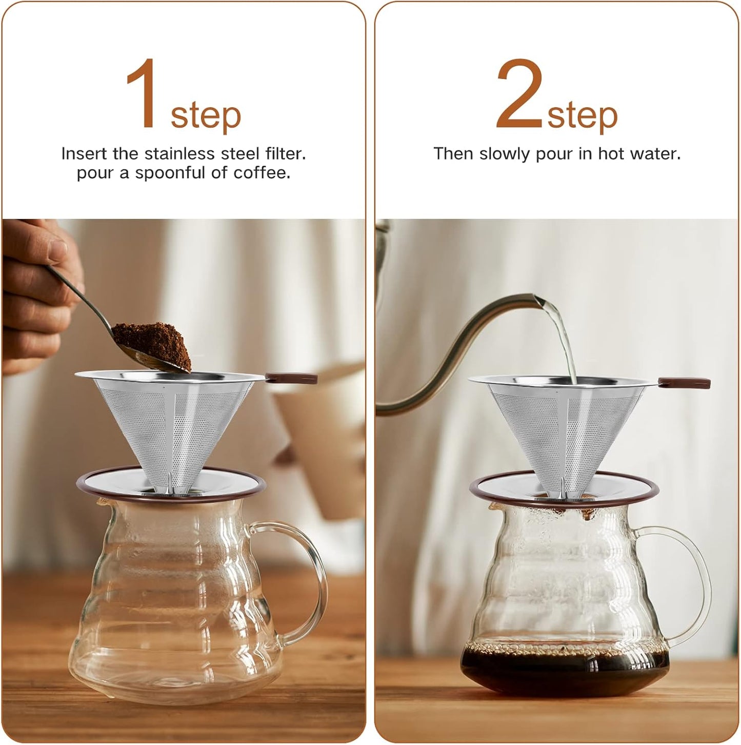 Pour Over Coffee Dripper，Reusable Stainless Steel Drip Cone Coffee Filter, Update Double Ultra Fine Micro Mesh Filter, Professional Paperless Drip Brew Coffee Cone Maker with Cup Stand,1-2 Cup