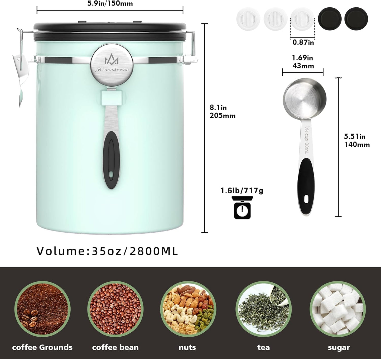 35OZ Coffee Canister for ground coffee with Date Tracker,Mint Green 304 Stainless Steel Kitchen Food Airtight storage container for Coffee Beans or Grounds, Tea, Sugar