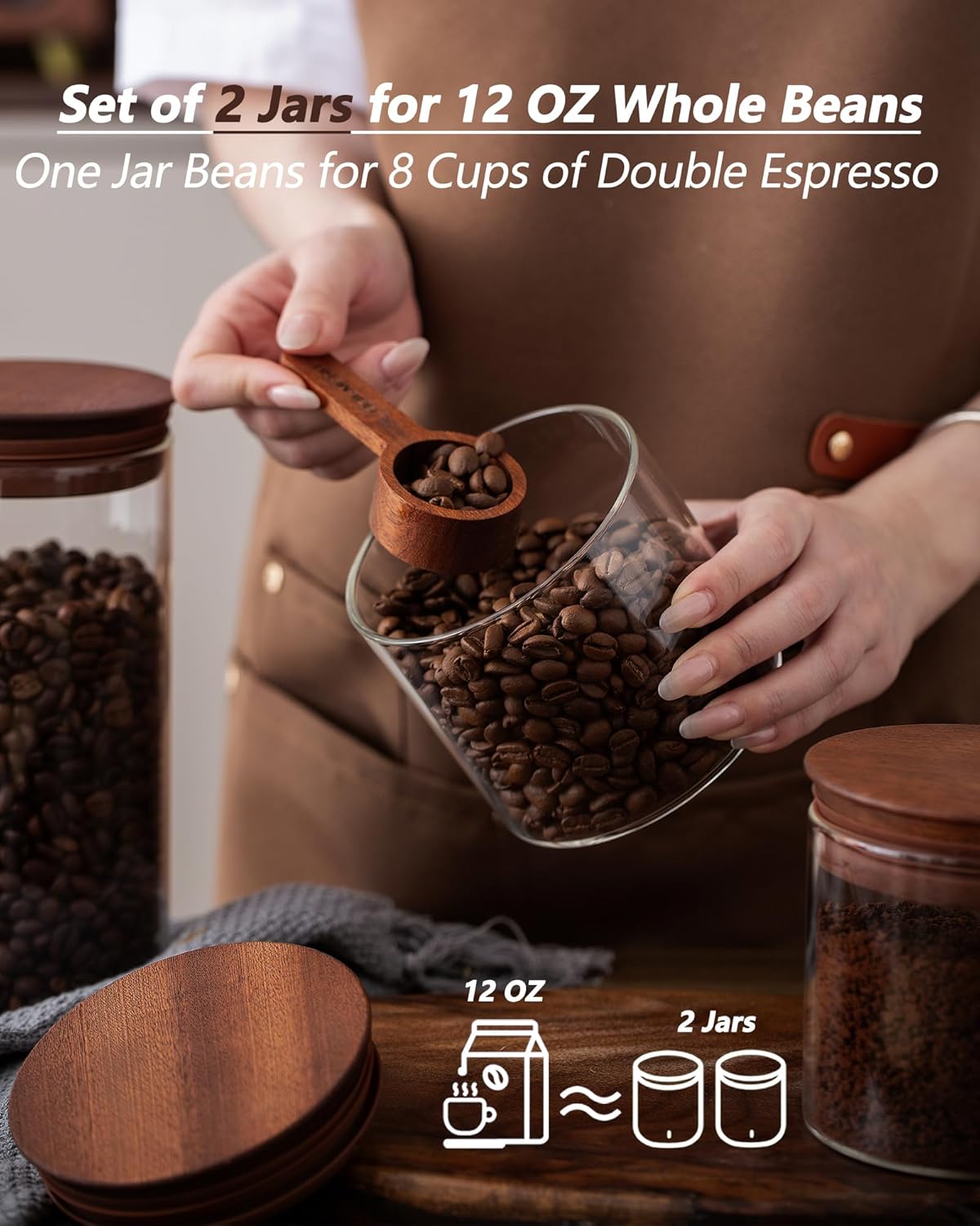 500ml Glass Coffee Canister with Wooden Lids and Scoop, Kitchen Coffee Container Set of 2 Hold Up to Total 12 oz of Coffee Bean, Airtight Food Storge Jars for Ground Coffee Bar Cereal Snack