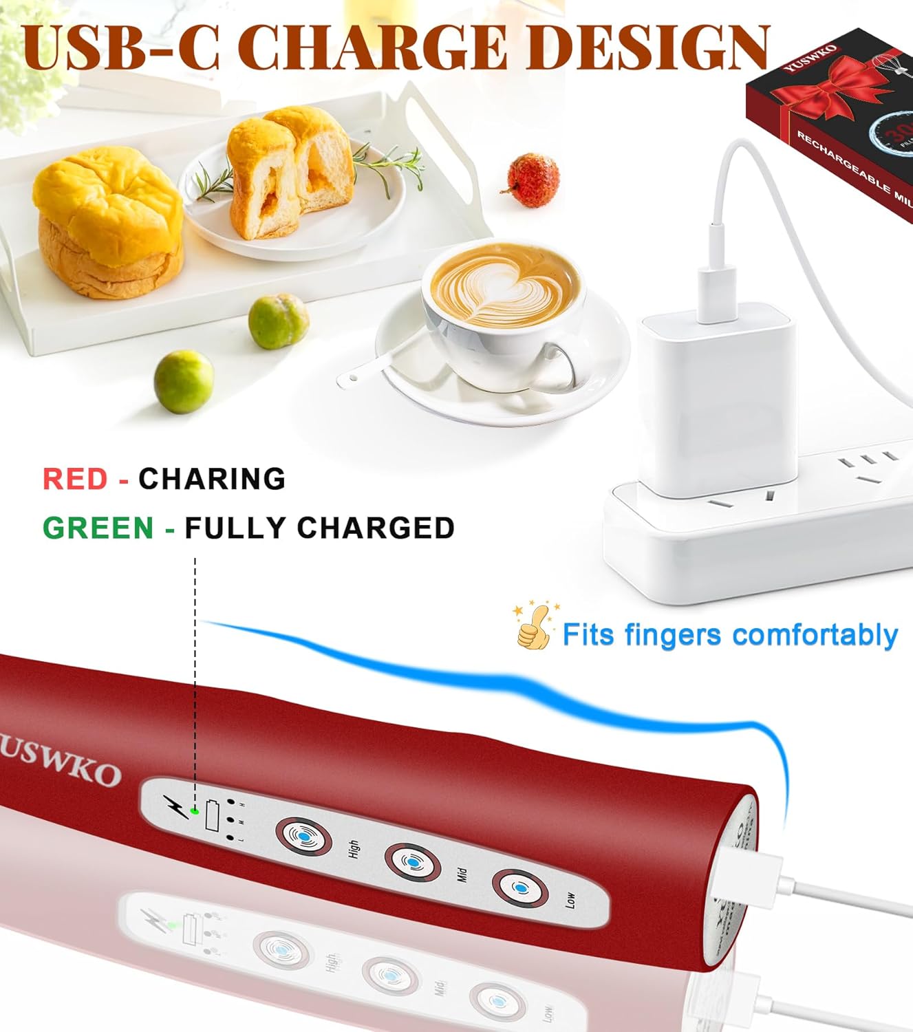 YUSWKO Milk Frother Handheld for Coffee, Rechargeable Drink Mixer with 3 Heads 3 Speeds Electric Coffee Frother Whisk, Gift for Many Occasions and Festival