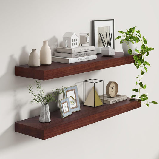 Fun Memories Deep Floating Shelves, Solid Wood Floating Shelves Wall Mounted, 9.3" Deep Floating Shelf for Living Room, Bedroom, 36 x 9 Large Wall Shelves for Books, Red Brown, Set of 2