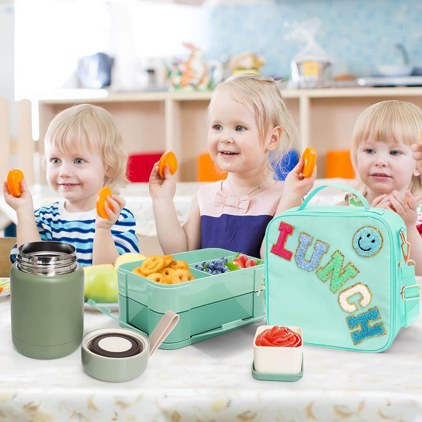 Girl Lunch Bag with 6 Compartment Bento Box with 10oz Thermo- Preppy Green Nylon Insulated Lunch Box Adjustable Strap, Birthday Gift For Girl Kids Teens Travel Picnic School