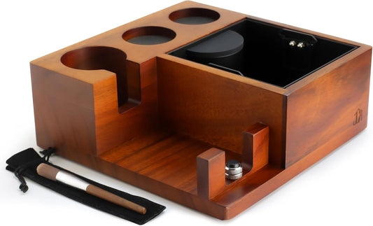 Espresso Knock Box & Tamping Station - Coffee Organizer Box for 58mm Tamper, Distributor, Portafilter Accessories - Includes Cleaning Brush