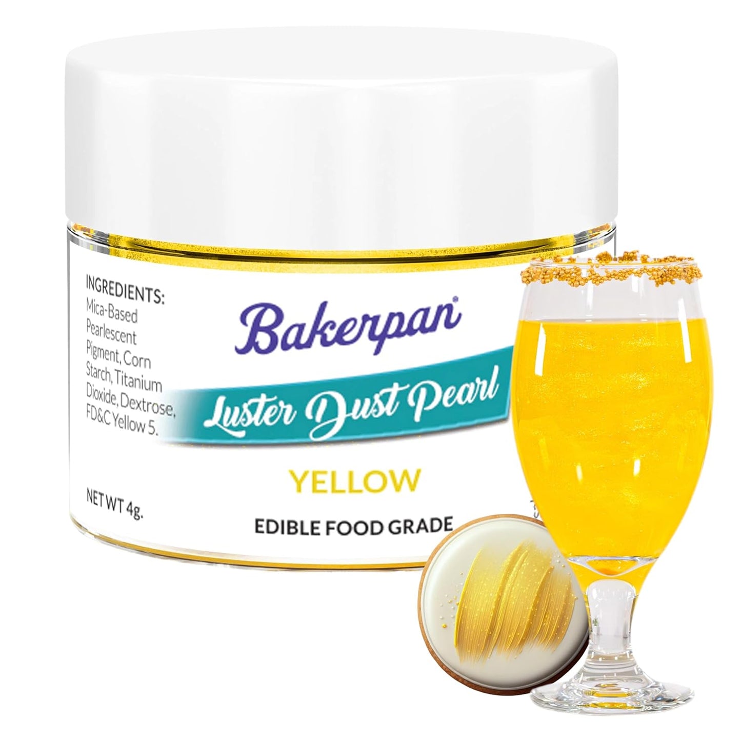 Bakerpan Pearl Luster Dust Edible, Yellow Edible Glitter for Cocktails, 4 Grams Edible Glitter for Cake Decorating, Cookies, Chocolates and Candies, Drinks (Made in USA)