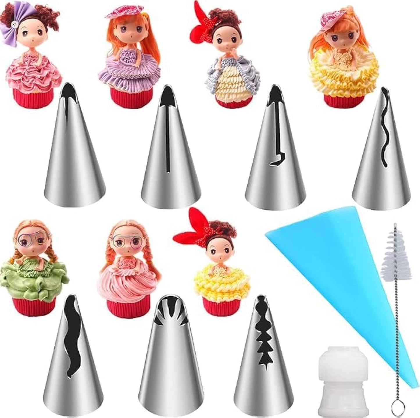 10pcs Cake Decorating Icing Piping Tip Set, Pleated Skirt PipingNozzles Set Ruffle Piping Tips Stainless Steel Frosting TipsDecorating Tips for Cake Cupcakes Cookies with A Cleaning Brush(10pcs)