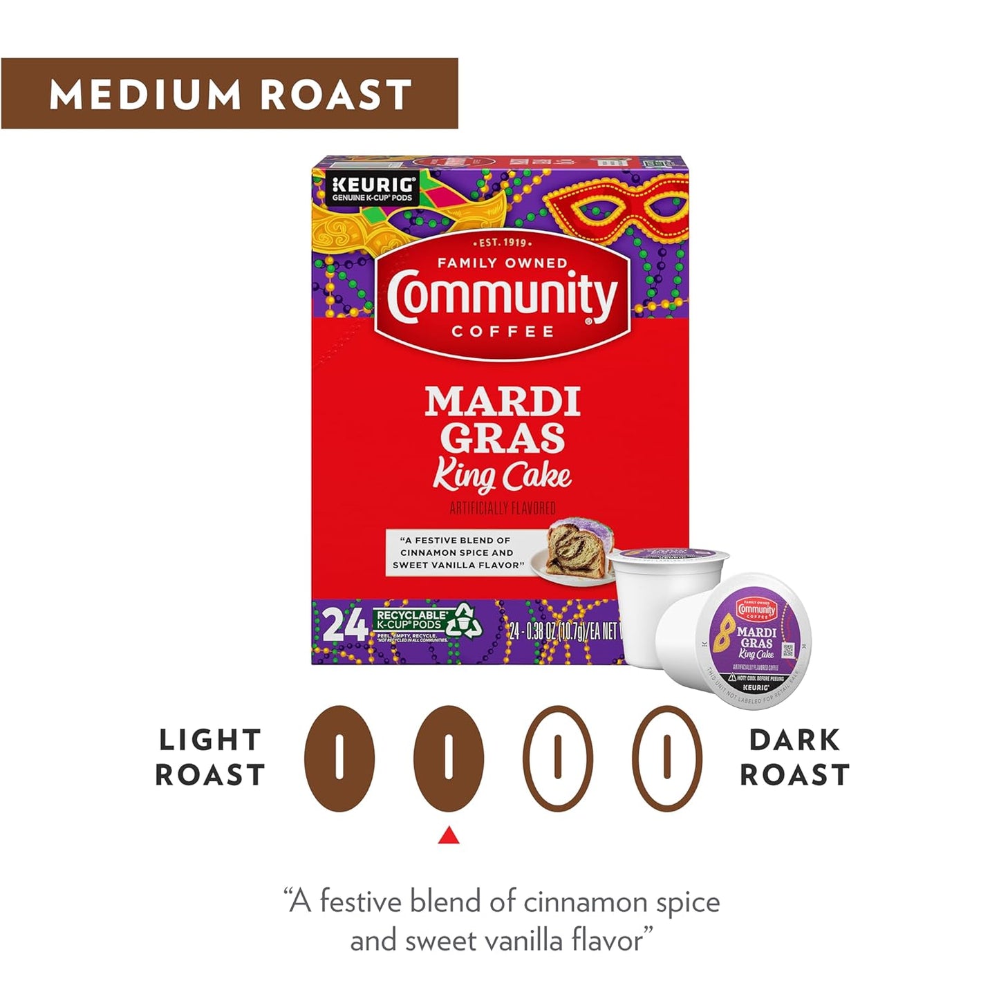 Community Coffee Mardi Gras King Cake Flavored 24 Count Coffee Pods, Medium Roast, Compatible with Keurig 2.0 K-Cup Brewers, 24 Count (Pack of 1)