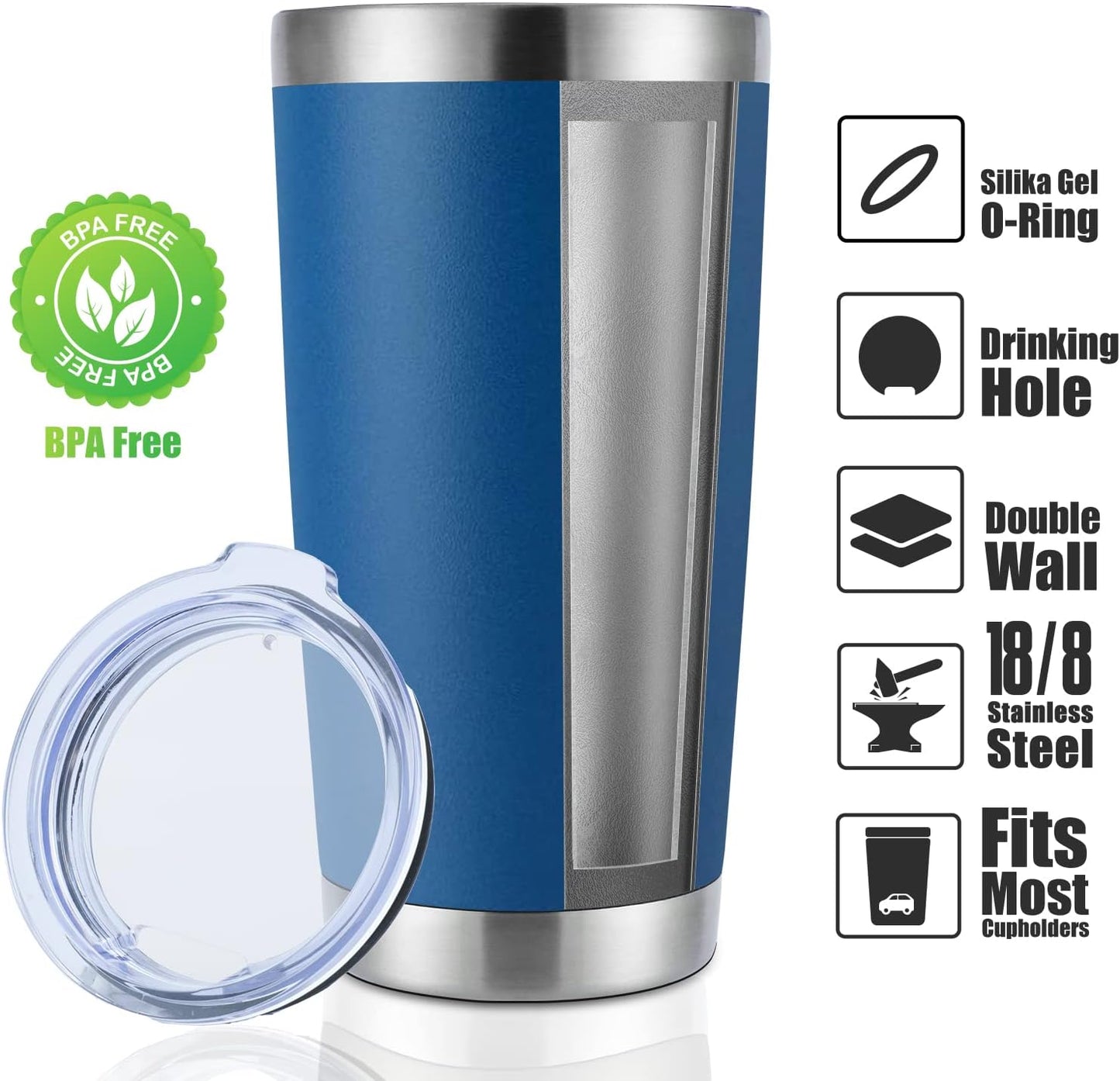 DOMICARE 20oz Stainless Steel Tumbler Bulk with Lid, Double Wall Vacuum Insulated Travel Mug, Powder Coated Coffee Cup, Dark blue, 8 Pack
