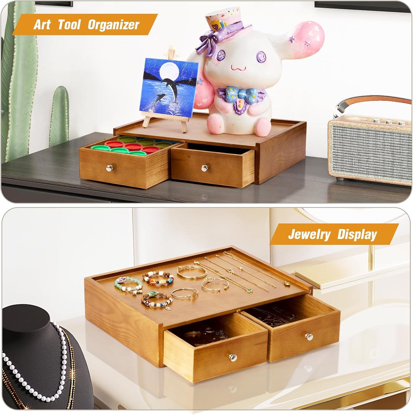 15.8"L X 11.8"W X 4"H Wooden K cup Holder, Coffee Pod Organizer Storage Box, Desktop Kitchen Storage with 2 Drawers, 30/40/60 Pod Capacity, Natural