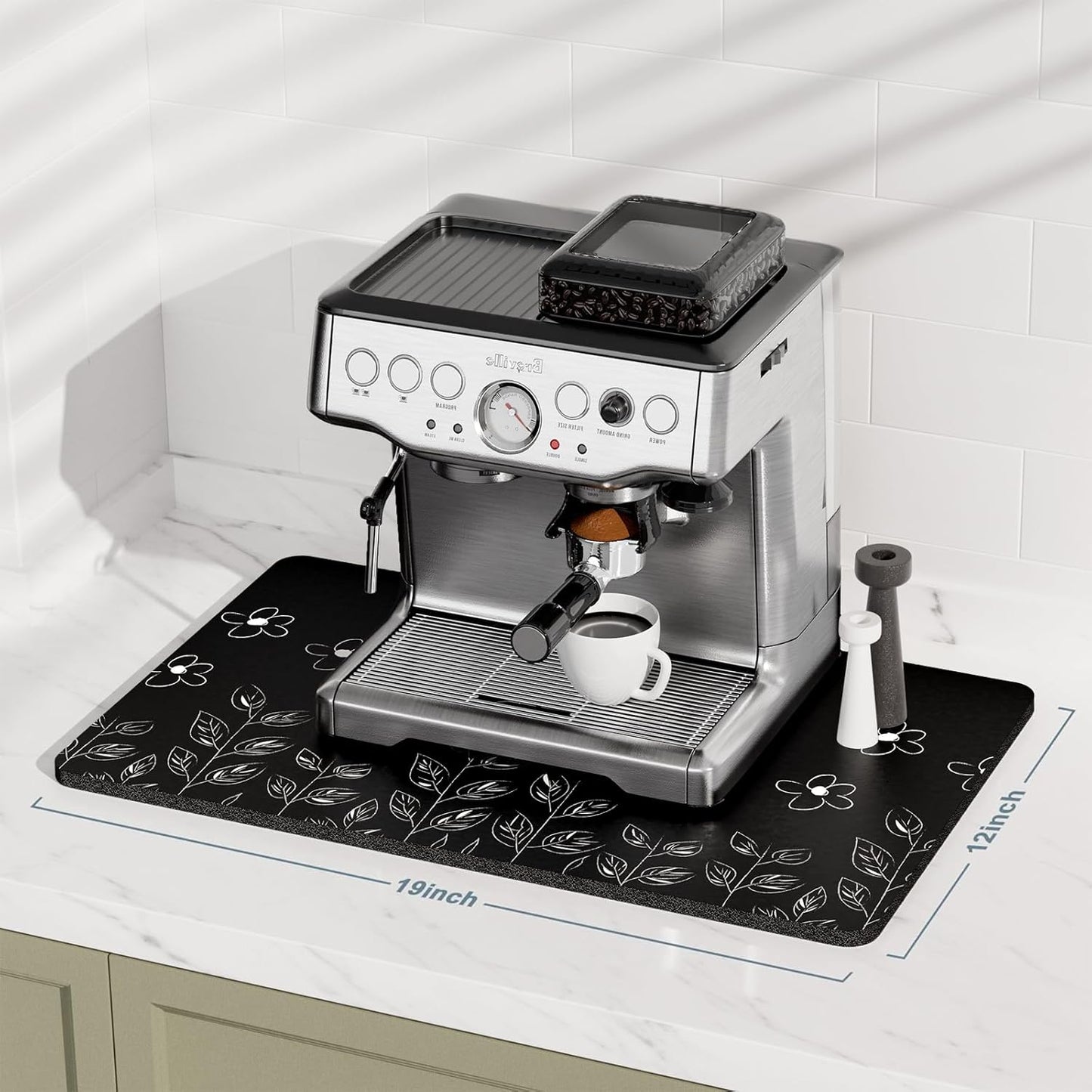 Rnivvi Coffee Mat, 12" x 19" Cute Coffee Bar Mats for Espresso Machine Station Accessories and Organizer, Hide Stain Rubber Backed Absorbent Dish Drying Pad for Kitchen Counter, Black White Flowers