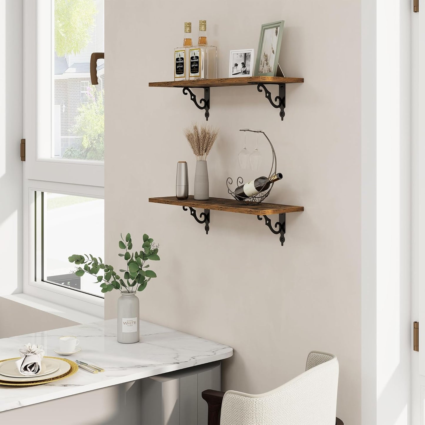 RICHFOCUS Floating Shelves for Wall Decor, 24Inch Wall Shelves Set of 2, 24W x 8D Floating Shelves Wall Mounted with Metal Brackets, Rustic Wood Shelves for Living Room Bedroom Kitchen, Rustic Brown