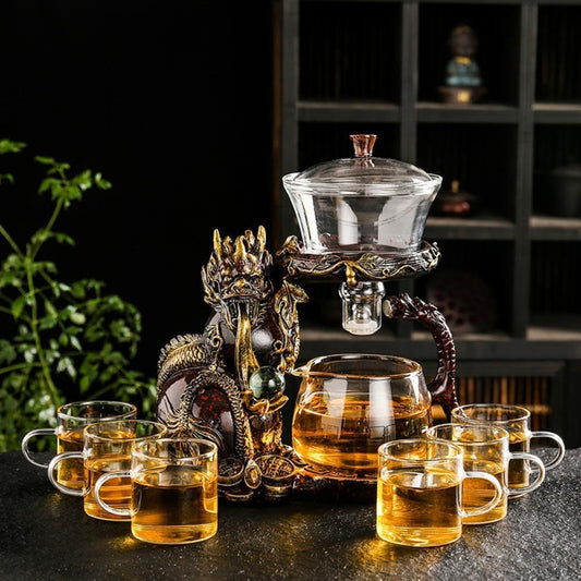 Glass Teapot Set with Infuser Semi Automatic Dragon Tea Set with 6 Small Cups (red golden dragon)