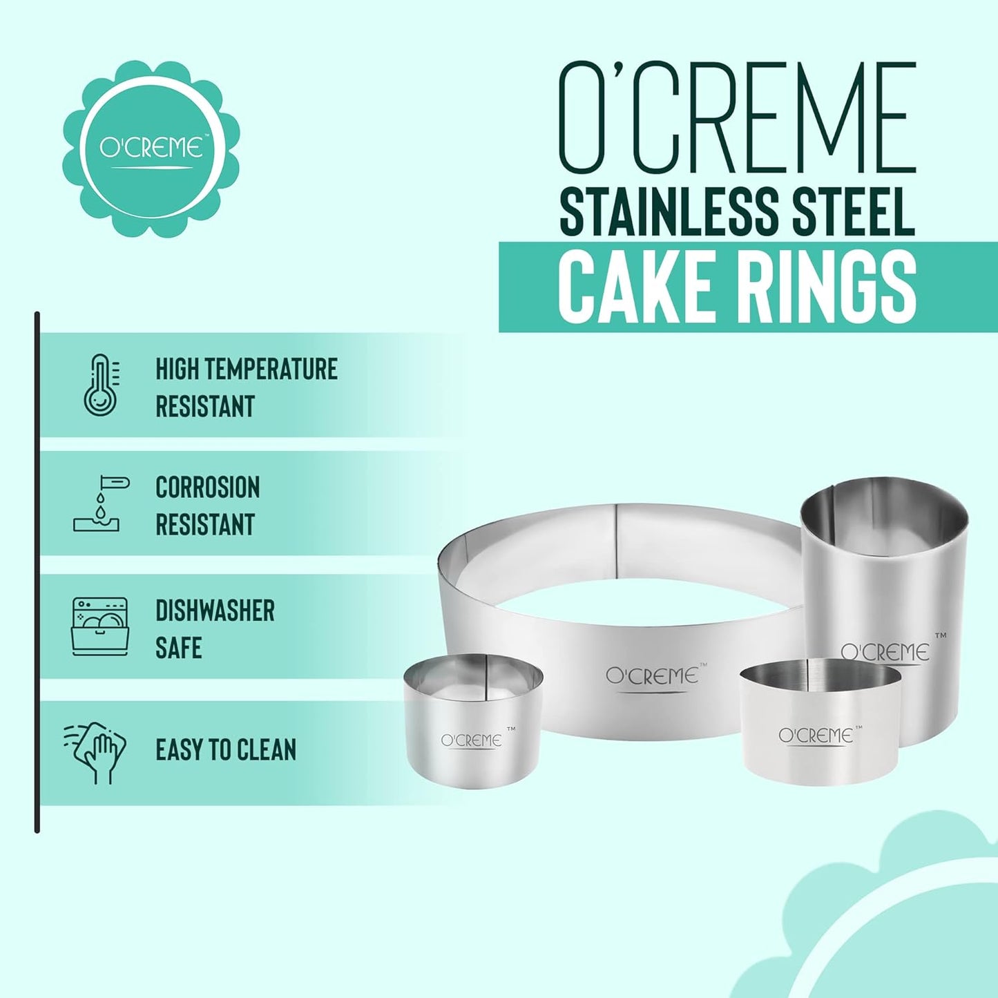 O'Creme Cake Ring Sturdy Stainless Steel Round Mousse Cake Ring Mold for Baking, Dessert Cake Decorating Pastry Rings 9 Inch Diameter x 2 Inch High