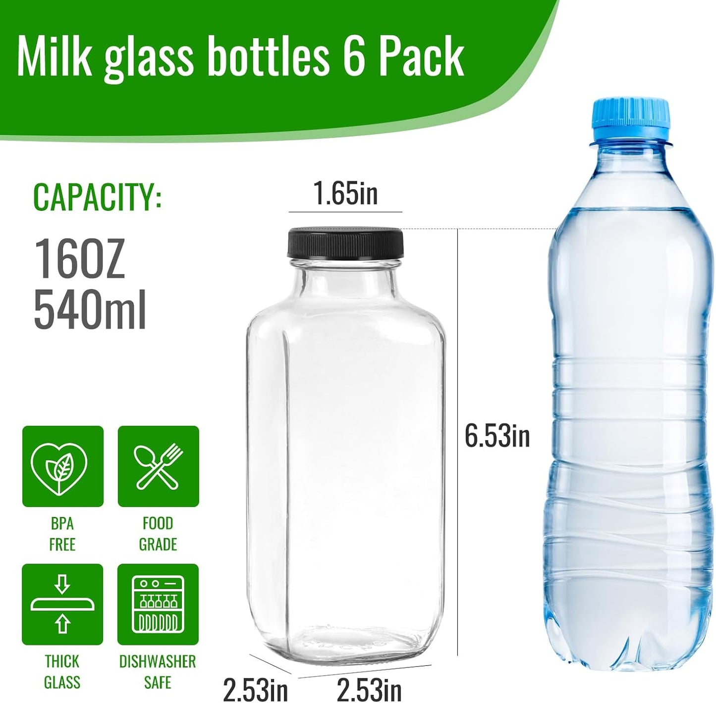 BIGIVACA 16 oz Glass Juice Bottles with Lids,6 PACK Bottles for Juicing,Square Drinking Jars Glass for Coffee,Cola,Milk,Tea in Travel,Work,School