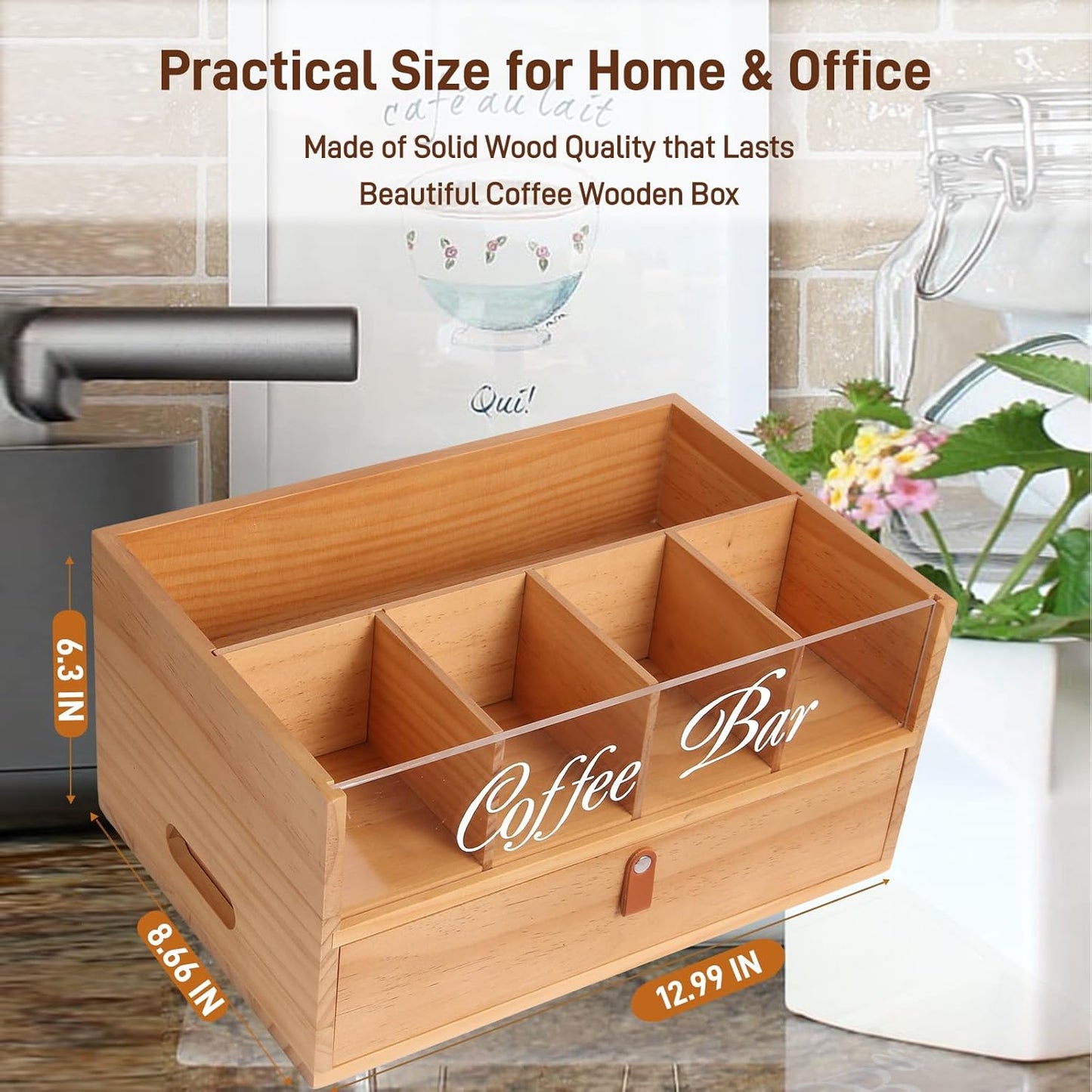 2-Tier Coffee Bar Organizer with Clear Acrylic Top, Built-in Drawer and Leather Handle Pull for Countertop, Stylish Coffee Station Storage Box for Accessories, Pods, Great Gifts for Home