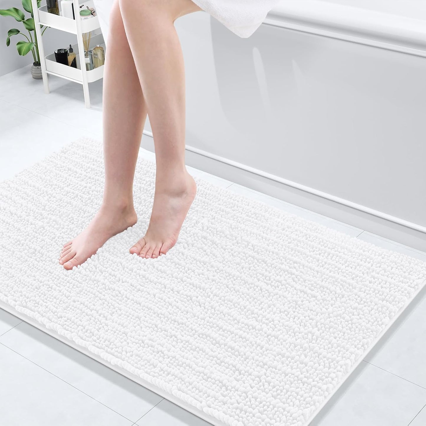 Arotive Luxury Chenille Bathroom Rug Mat, Extra Soft Thick Absorbent Shaggy Bath Rugs, Non-Slip Machine Wash Dry, Plush Bath Mats for Bathroom, Shower and Tub, 44x24, White