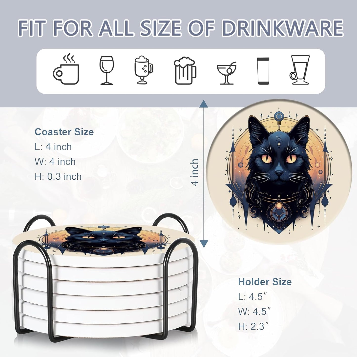 Drink Coasters Set of 6 with Holder, Black Cat Absorbent Ceramic Coasters with Cork Base,Fit All Cups,Great Gift for Housewarming,Room Decor,Bar,Holiday Party