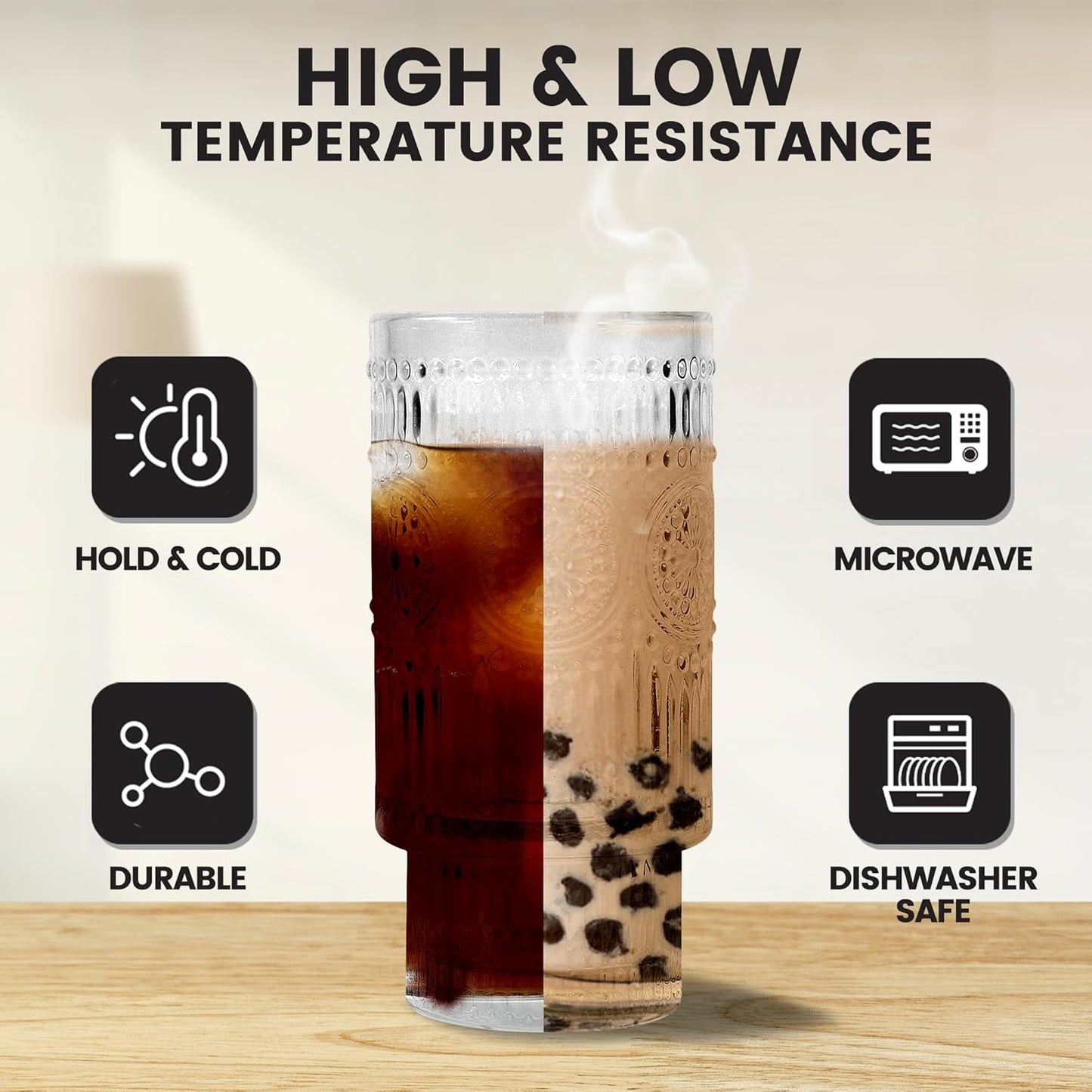 2 Pcs 16oz Glass Cups with Lids and Straws Ribbed Vintage Iced Coffee Glasses for Tea Iced Coffee Soda Cocktail Smoothie(Ribbed*2)