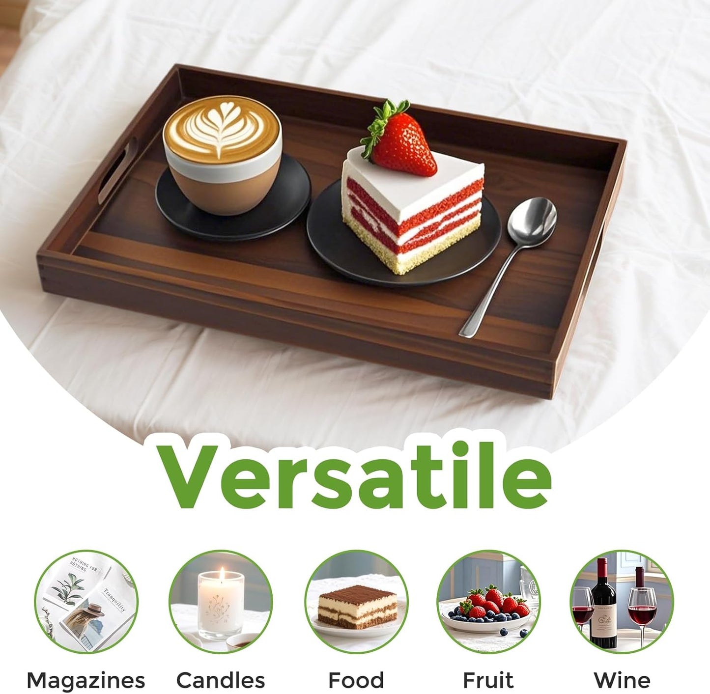 Acacia Wood Serving Tray with Handles, 17 Inch Wooden Tray for Ottoman, Breakfast, Lunch, Dinner, Decorative Rectangular Tray for Living Room, Kitchen Counter, Outdoor