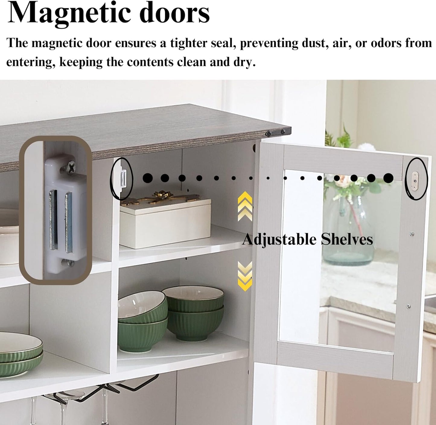 Coffee Bar Cabinet with Sliding Barn Doors 71'' Farmhouse White Pantry Cabinet with Drawers & Wine Glass Rack Rustic Buffet Cabinet for Kitchen, Black