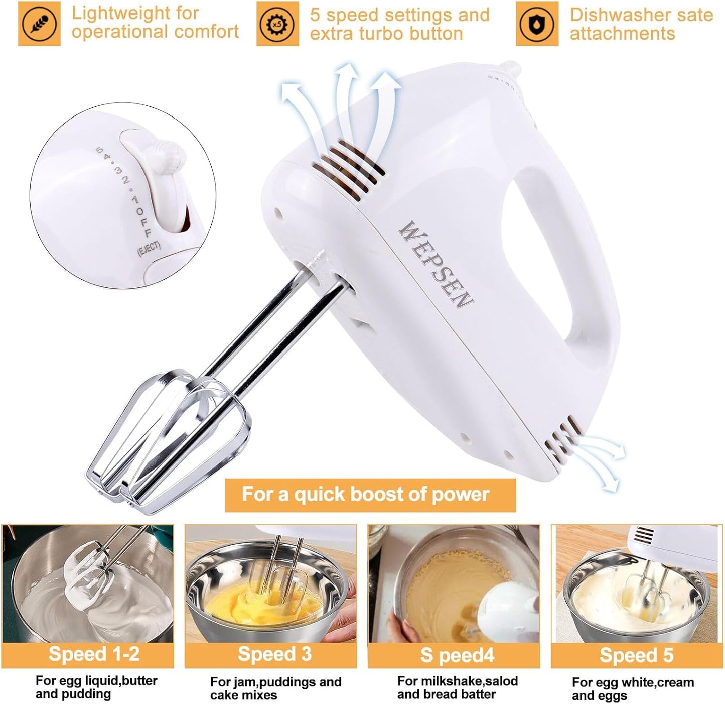 Hand Mixer Electric Mixing Bowls Set, 5 Speeds Handheld Mixer with 4 Nesting Stainless Steel Mixing Bowl, Measuring Cups Spoons 200W Kitchen Blender Whisk Beater Baking Supplies For Beginner
