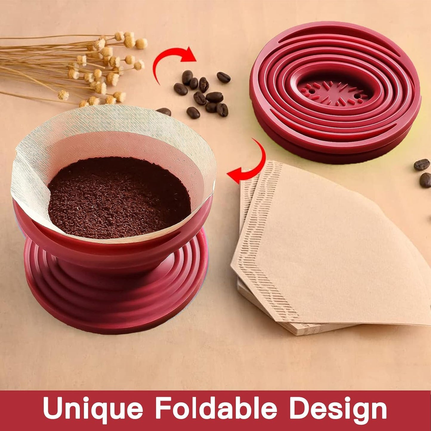 Collapsible Pour Over Coffee Dripper Set - Silicone Reusable Cone Filter Holders with 100Pcs Paper Filters - For Home, Camping, Travel, Office (1, Red)
