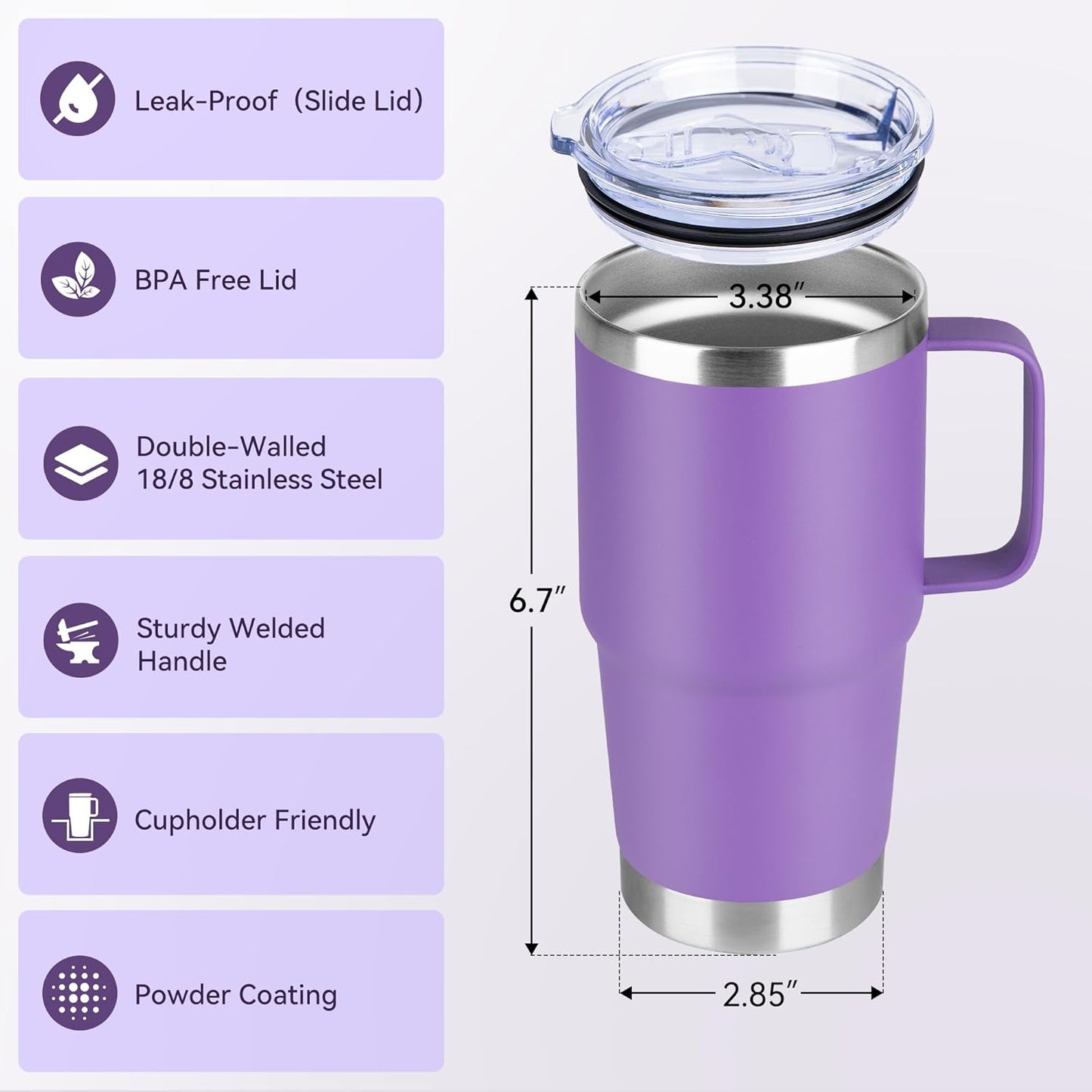 HASLE OUTFITTERS 20oz Tumbler Bulk with Lid, Stainless Steel Tumbler Bulk with Handle, Metal Insulated Travel Coffee Mug Set with Handle, Double Wall Vacuum Leak Proof Tumbler Cup, Purple 12 Pack
