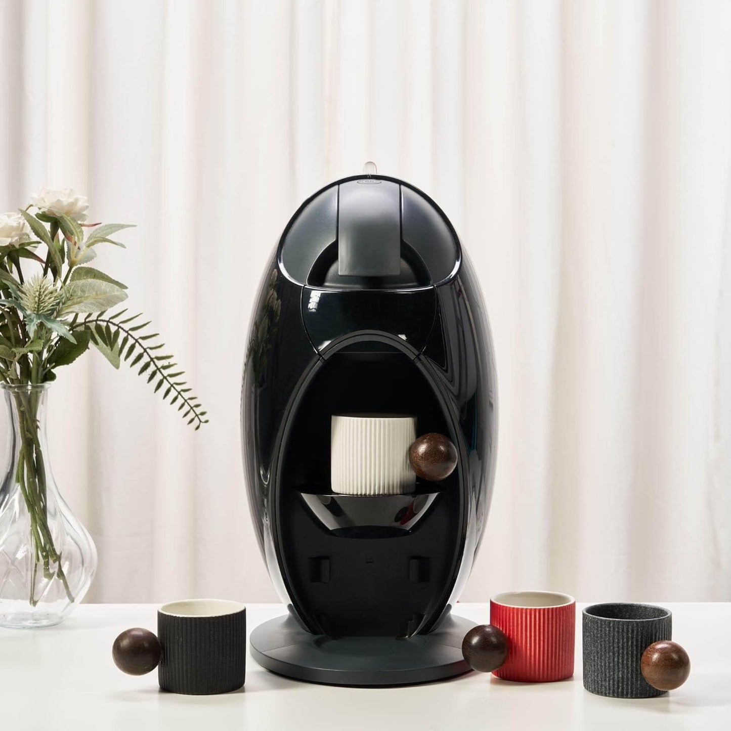 Ceramic Mini Espresso Cups Demitasse Cups with Round Wooden Handle Vertical Stripes Tea Cups (black, 2pcs)