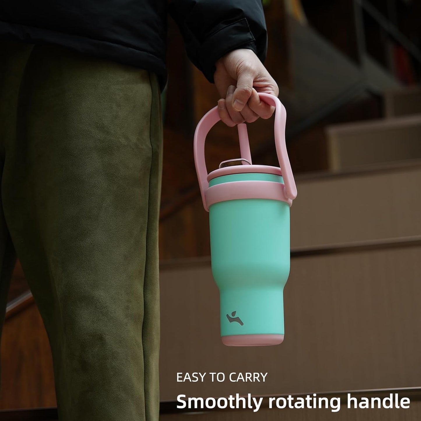 30 oz Tumbler with Side Handle, Insulated Water Bottle with Straw and 2 in 1 Lid, Stainless Steel Cup Travel Coffee Mug for Sports Office Gym,Lime